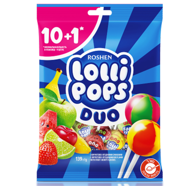 סוכריות מקל רושן "LOLIPOPS DUO" פירות 139 גר