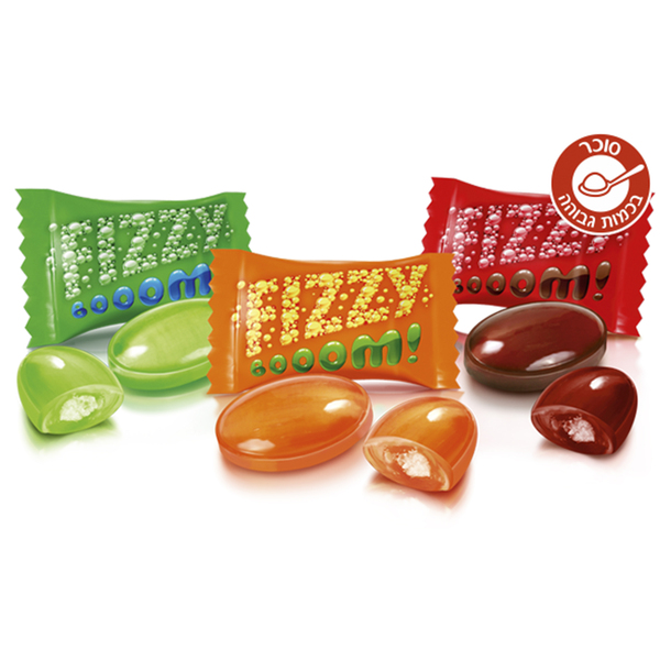 תערובת סוכריות במילוי בטעמים 1 ק"ג רושן FIZZY BOOM (מילוי בטעמים: תפוז,קולה,לימון)