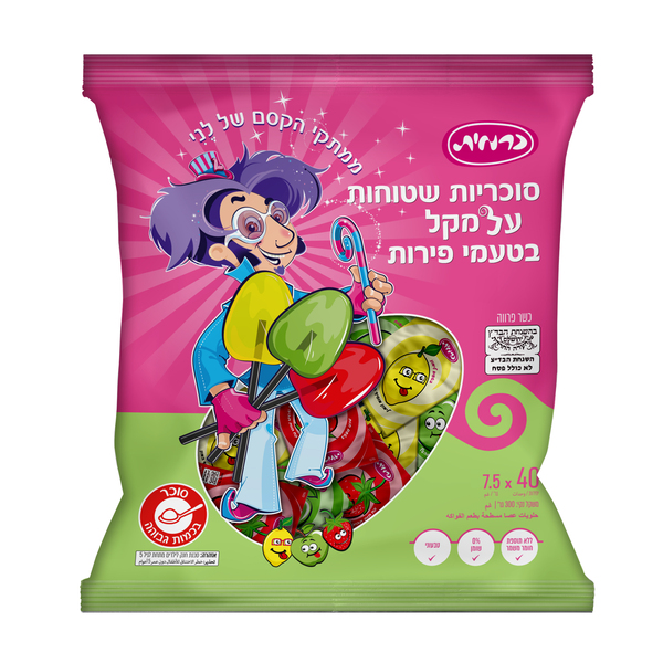 סוכריות על מקל שטוחות בטעמי פירות 40 יח'*7.5 גרם
