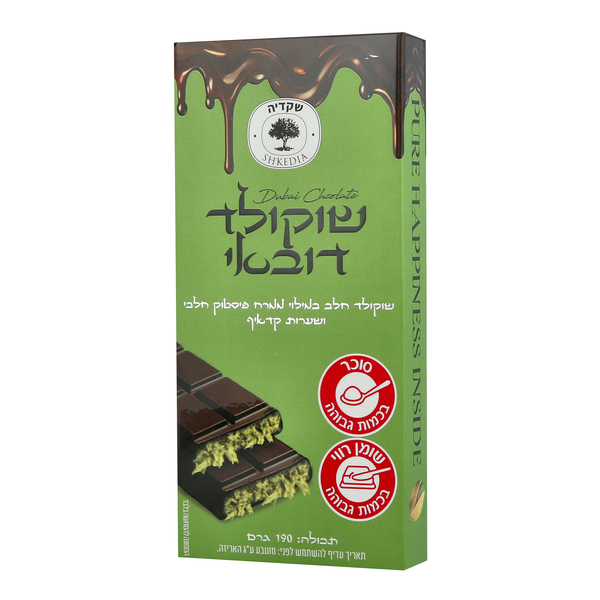 שוקולד דובאי - שוקולד חלב במילוי ממרח פיסטוק חלבי ושערות קדאיף 190 גרם