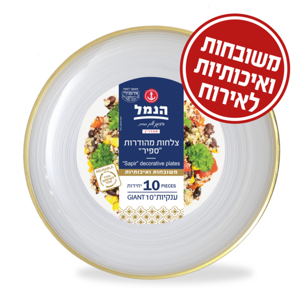 צלחות ספיר ענק פס זהב 10 יח`