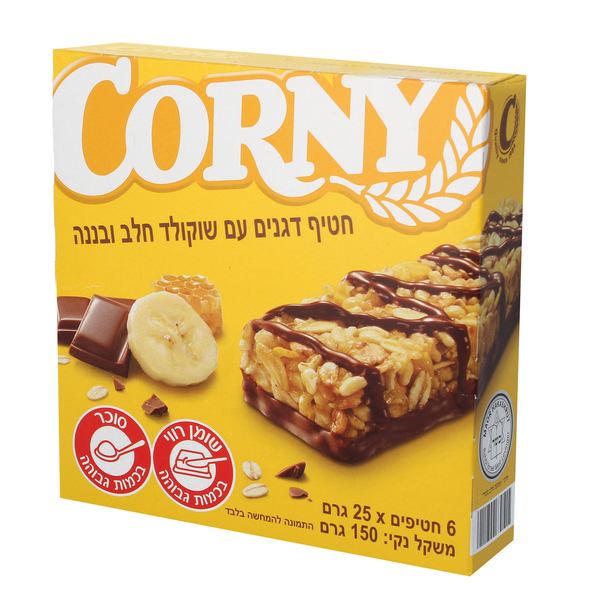 חטיף דגנים עם שוקולד חלב ובננה קורני 150 - מידע תזונתי
