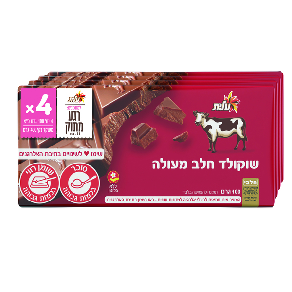 מאגדת רביעיית שוקולד חלב פרה 100X4 גרם