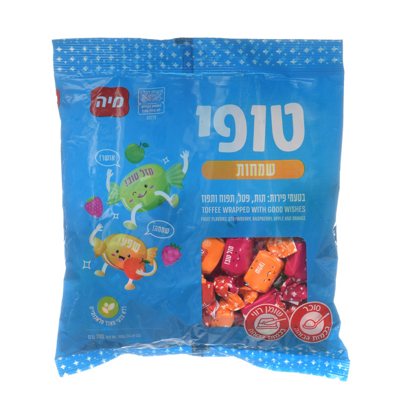 סוכריות טופי שמחות בטעמי פירות: תות, פטל, תפוח ותפוז