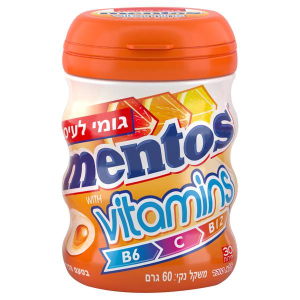 מנטוס בקבוק עגול בטעם הדרים בתוספת ויטמינים 60 גרם