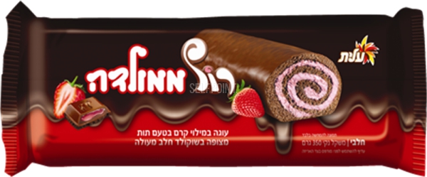 רול ממולדה עוגה במילוי קרם בטעם תות מצופה שוקולד חלב