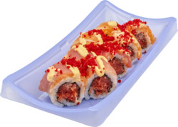 Volcano Roll-spicy tuna, wrapped with tuna, salmon, topped with masago & spicy mayo