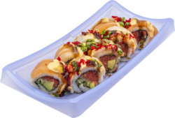 American Dream Roll-spicy tuna cucumber and avocado wrapped in salmon and yellowtail, topped with masago, scallions, sweet & spicy sauce
