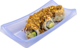 Crunchy Dragon Roll-kani, cucumber, avocado, wrapped with minced kani, fried onions, sweet & spicy sauce