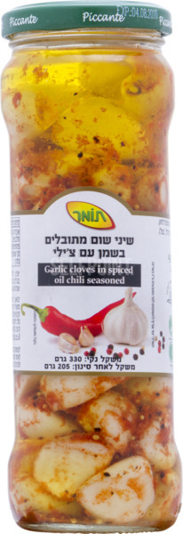 שיני שום מתובלים בשמן חריף בצנצנת