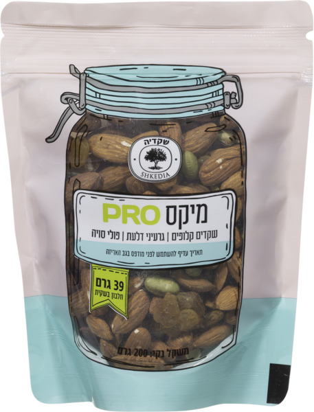 מיקס פרו שקדים קלופים גרעיני דלעת ופולי סויה