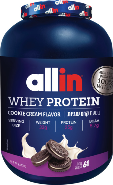 אבקת חלבון WHEY גדולה בטעם קרם עוגיות 2.013 ק"ג ALL IN
